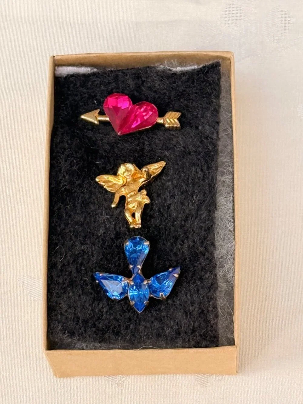 3-piece Lapel Pin Set - Gold-Tone w/ Angel, Hot Pink Heart & Bluebird Faux Gems